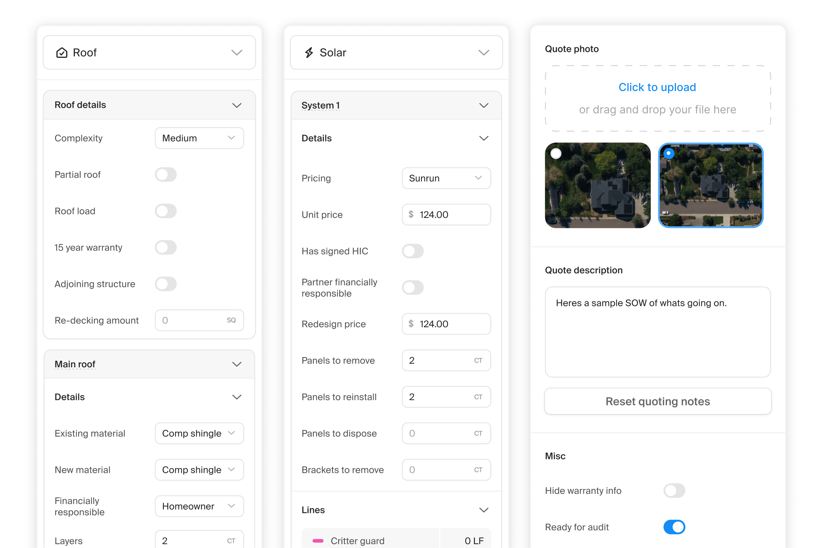 Simplified side panels aligned to the quoting workflow